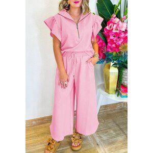 Women's Pink Ruffle Sleeve Zipped Front Top & Wide Leg Pants Set Size S/M/L/XL